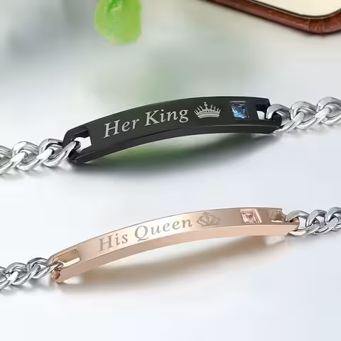 Zestaw 2 Bransoletek dla Par Her King & His Queen – Stal Nierdzewna do Grawerowania, Dla Zakochanych, On i Ona