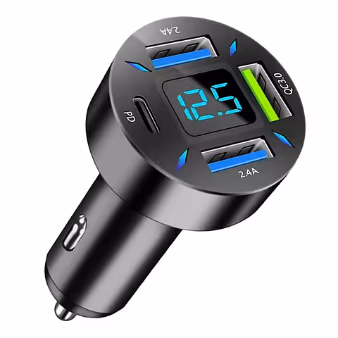 Ładowarka Samochodowa z Woltomierzem Cyfrowym, USB Type-C PD i Quick Charge 3.0 – Szybkie Ładowanie w Gniazdku 12-24V