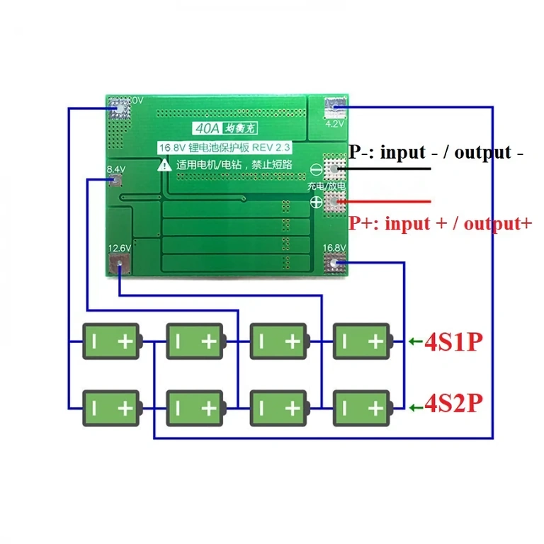 Schemat elektryczny montażu modułu BMS 4S 40A dla baterii Li-ion