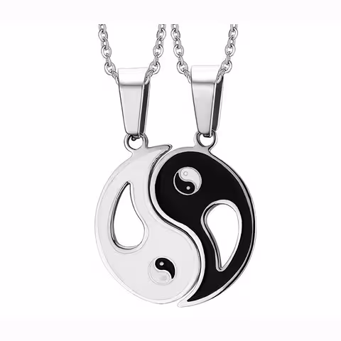 Łańcuch i Wisiorek Yin i Yang dla Par – Zestaw Medalionów Dwie Połówki, Symbol Równowagi i Miłości