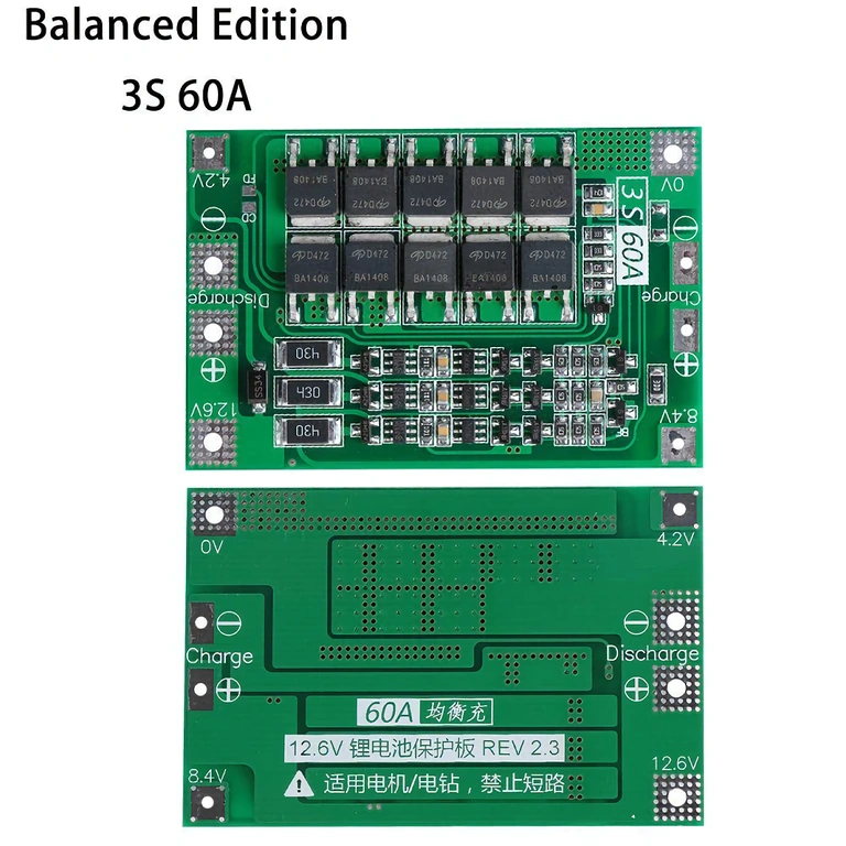 BMS z 10 MOSFET, maksymalny prąd 60A, inteligentne balansowanie