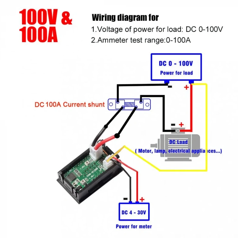 Diagram połączeń dla wysokiego napięcia (do 100V) woltomierza cyfrowego