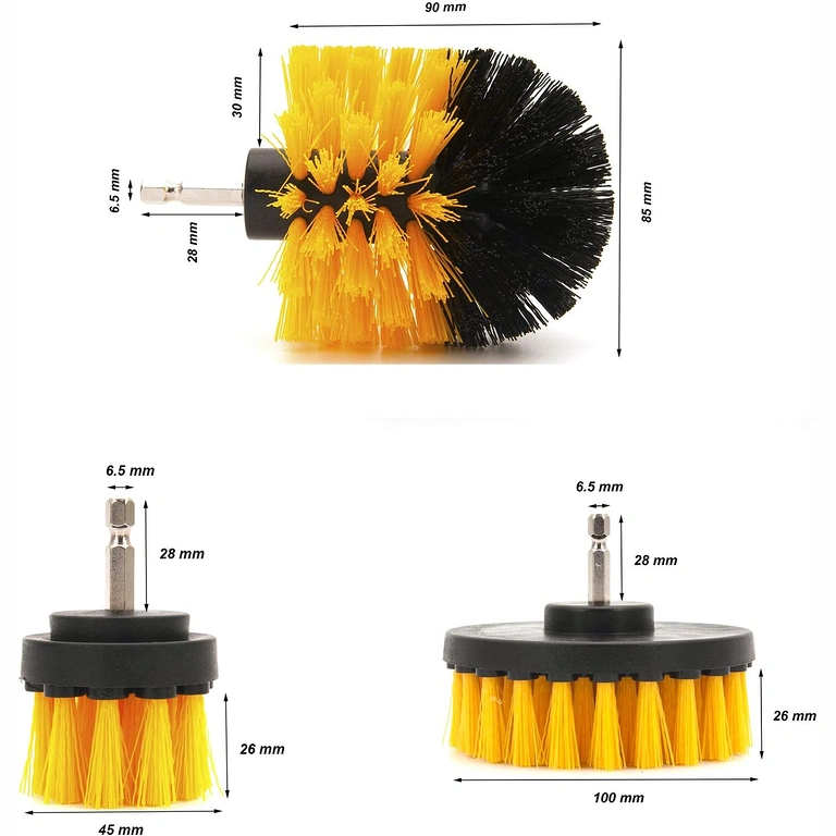 Zdjęcie 3 szczotek z wymiarami: 12cm, 8,5cm, 5cm