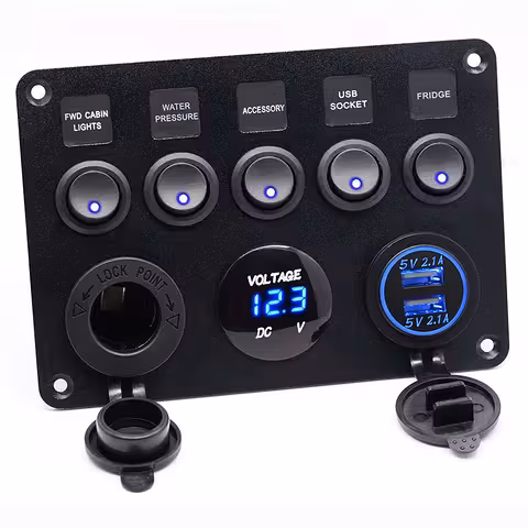 Panel Przełączników Samochodowy 5 Przycisków ON/OFF z Voltomierzem, Gniazdkiem i Ładowarką USB – 12V/24V, Odporność IP65