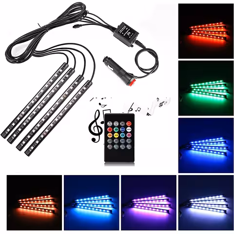 Oświetlenie Ambientowe do Auta – Taśma LED RGB, Zestaw do Wnętrza Samochodu z Czujnikiem Dźwięku