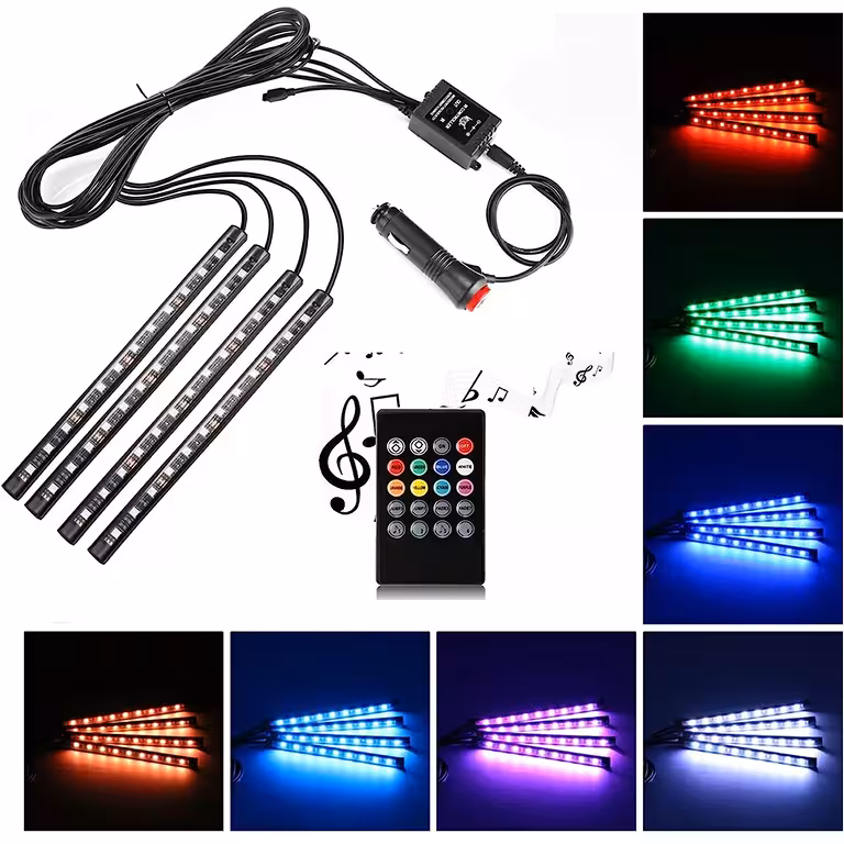 Oświetlenie Ambientowe do Auta – Taśma LED RGB, Zestaw do Wnętrza Samochodu z Czujnikiem Dźwięku
