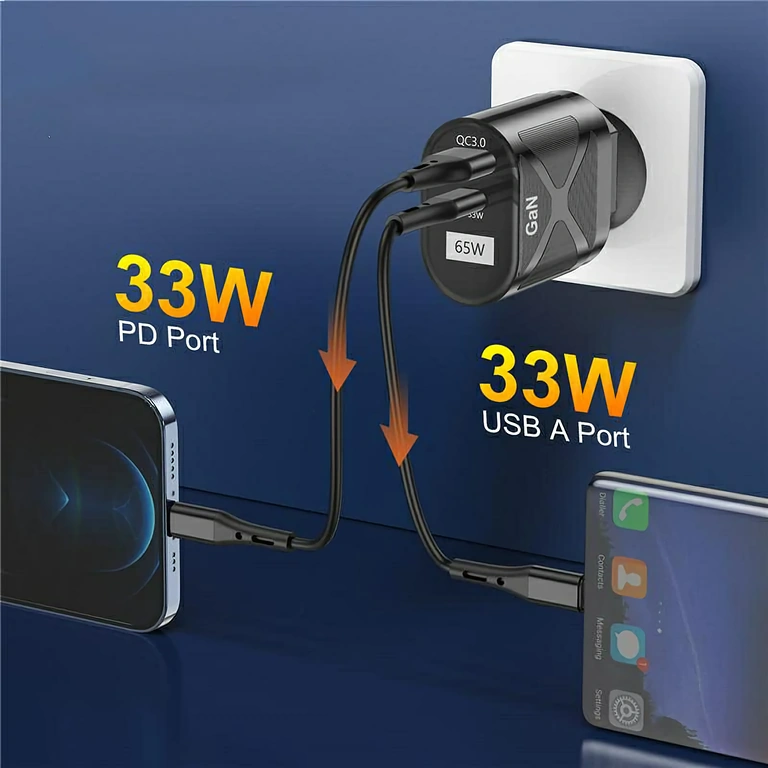 Kompaktowa ładowarka GaN z portami USB-C i USB-A, idealna w podróży