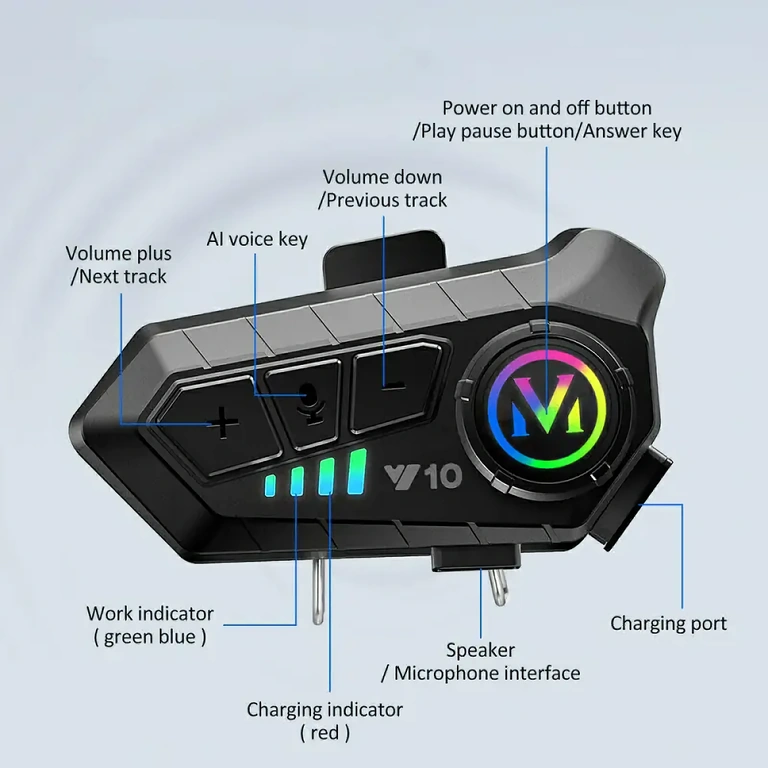 Przycisk aktywacji asystenta głosowego w interkomie kasku motocyklowego