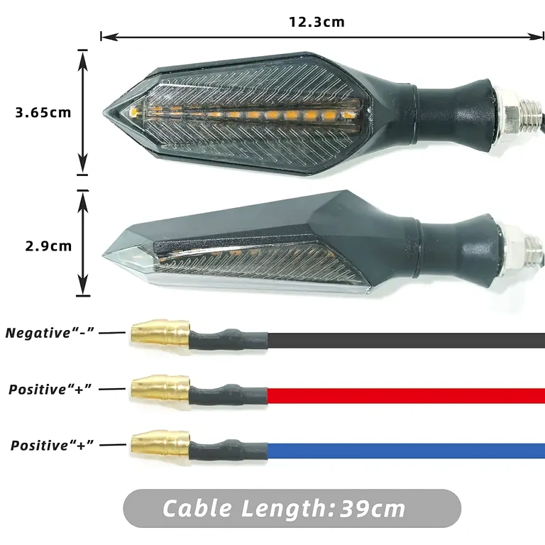 Kierunkowskazy z przewodami czarnym, niebieskim i czerwonym do połączeń