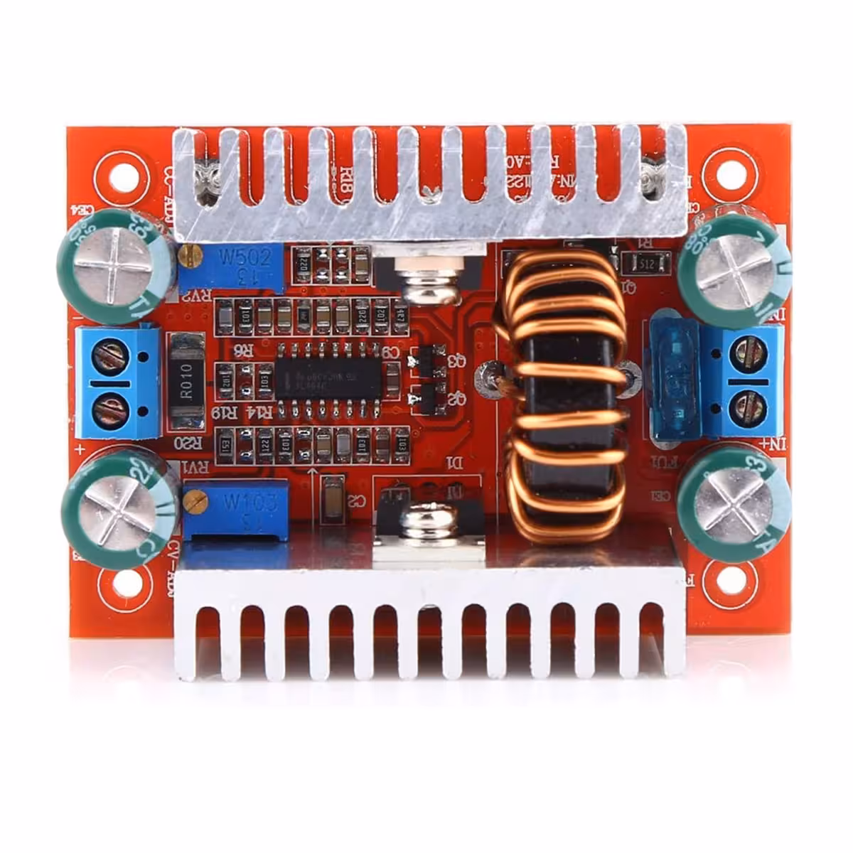 Widok przedni modułu Step-up Boost DC 400W, z widocznymi portami i połączeniami