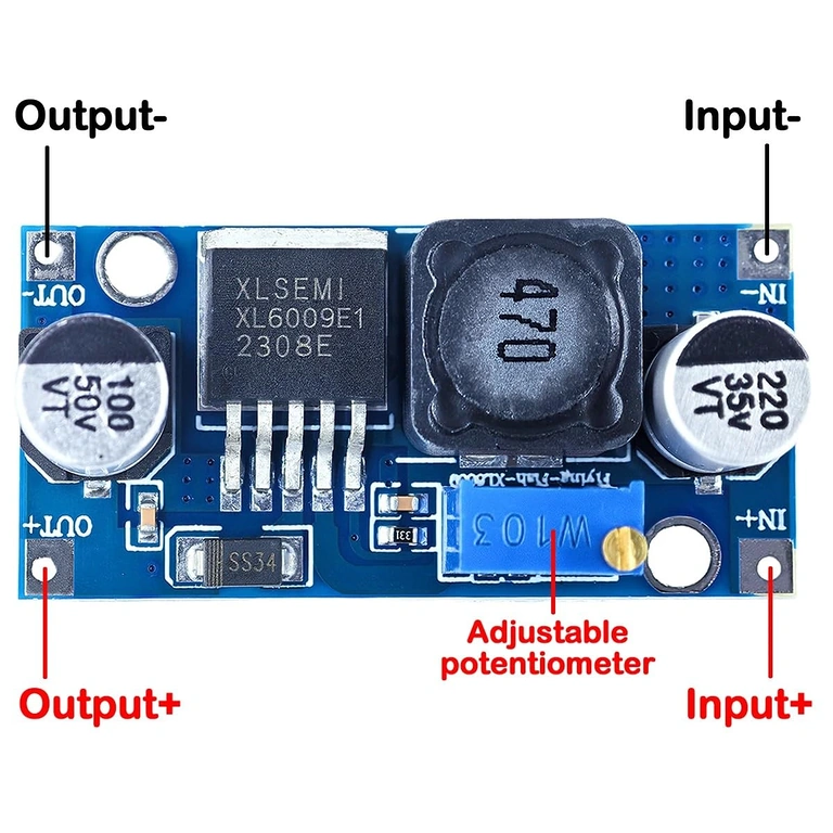 Diagram podłączenia modułu zasilającego XL6009 dla źródła wejściowego i wyjściowego