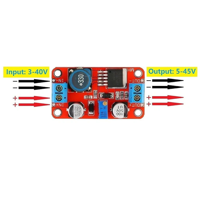 Diagram podłączenia modułu XL6019 DC-DC Boost Converter, pokazujący wejścia i wyjścia dla łatwej instalacji