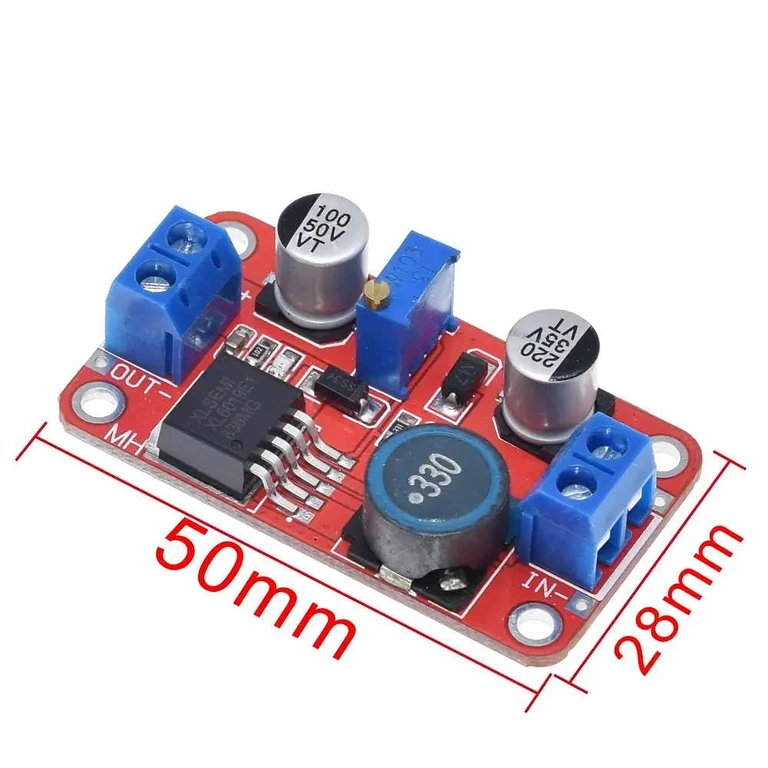 Wymiary modułu XL6019 DC-DC Boost Converter: 50mm x 28mm x 13mm, idealne do integracji w różnych projektach