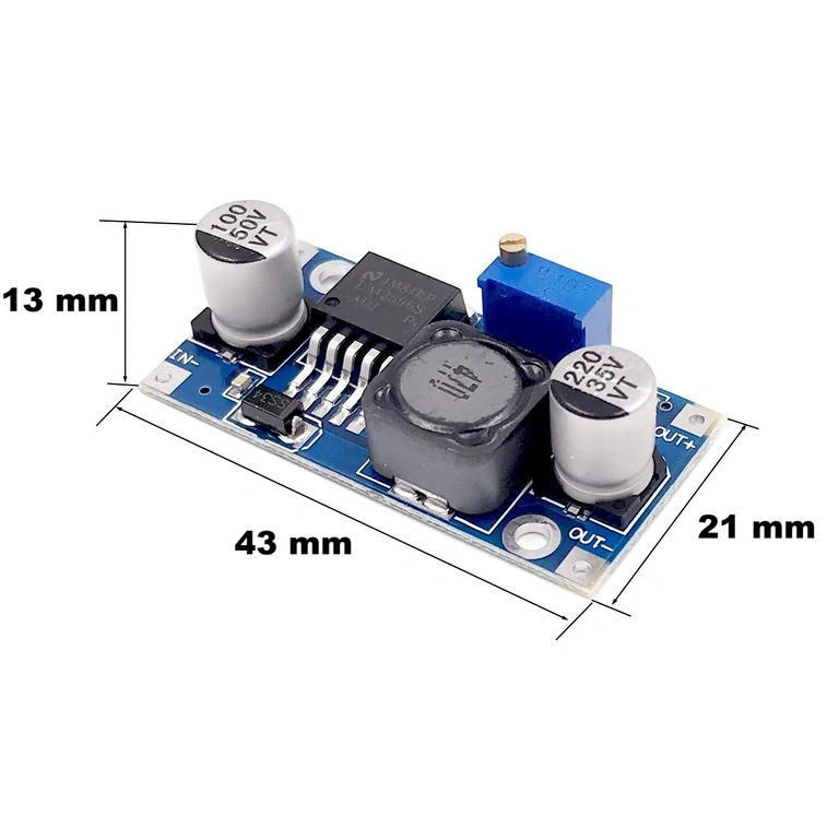 Wymiary modułu buck converter LM2596S 3A: 43mm długość, 21mm szerokość, 14mm wysokość