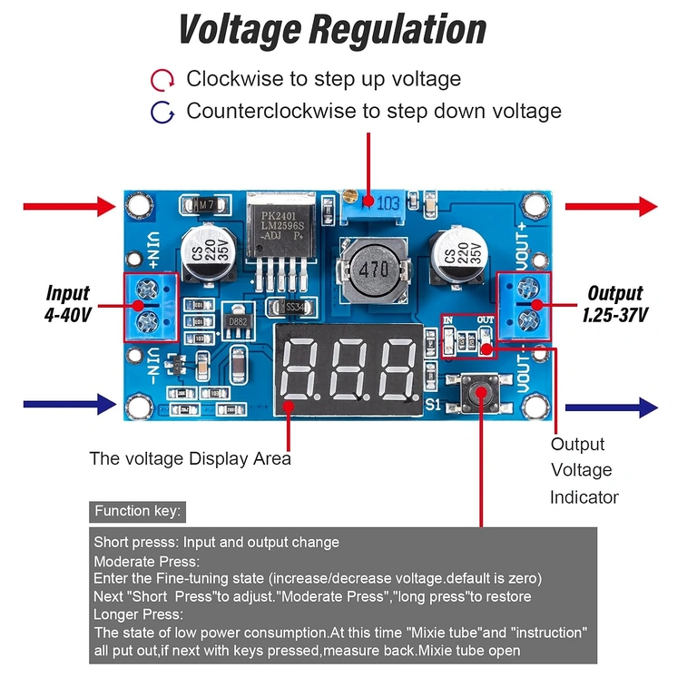 Przykład podłączenia źródła i wyjścia na module LM2596
