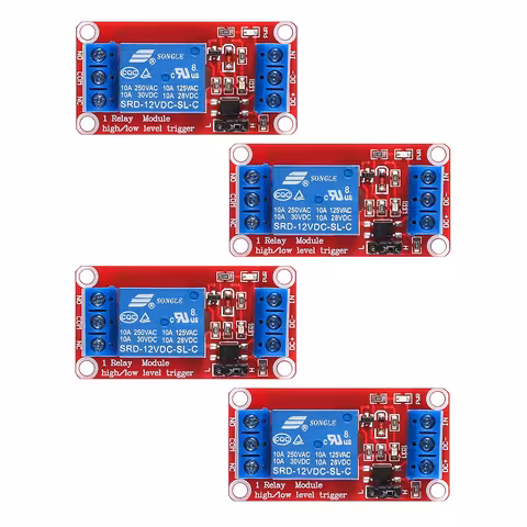 Zestaw 4 sztuk: przekaźnik sterujący 5V / 12V z optoizolatorem – moduł 1-kanałowy, NC/NO, wyzwalanie High/Low, 10A