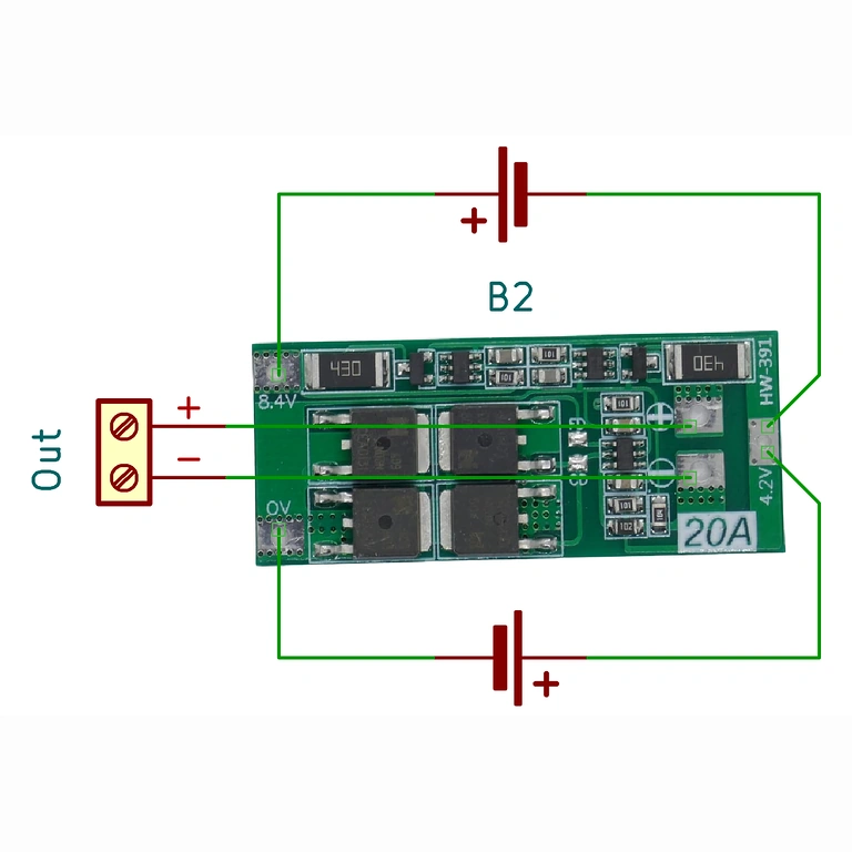 Schemat elektryczny modułu BMS 2S 20A z balansem, przydatny do prawidłowej instalacji w pakietach Li-ion