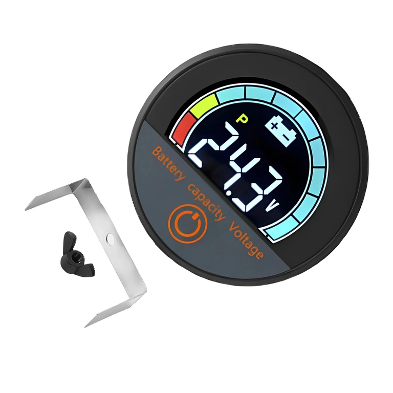 Widok z przodu modułu cyfrowego z wyświetlaczem procentu baterii i woltomierza, Li-ion i LiFePO4, 12V–72V, dla roweru, hulajnogi i skutera elektrycznego
