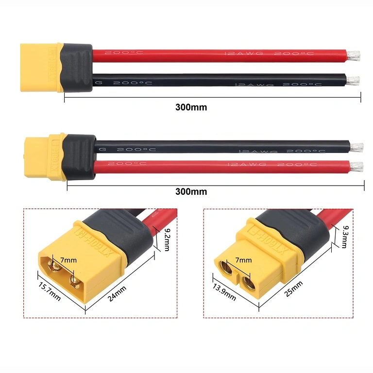 Szkic wymiarów złącza XT60 samica i samiec