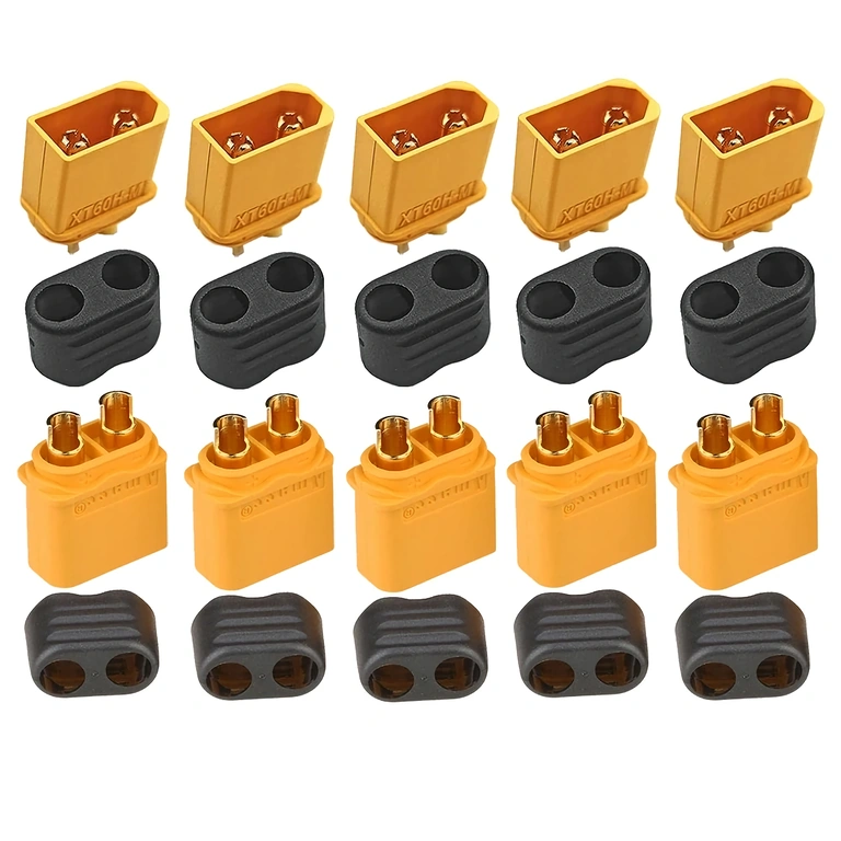 Widok z góry zestawu 5 złączy XT60H, pokazujący złocone styki